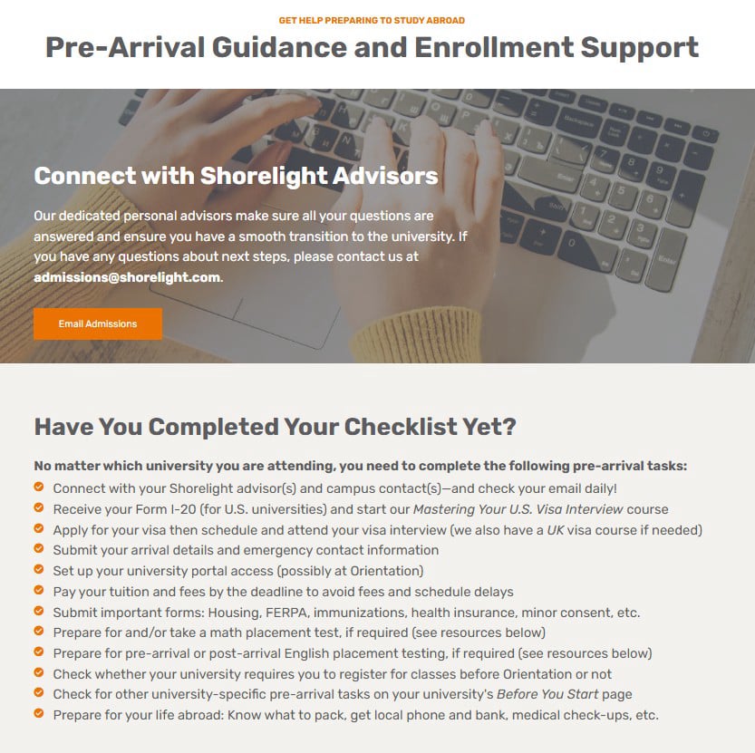 Shorelight Connect Pre-Arrival Page (Top)