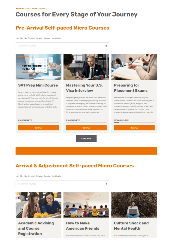 Shorelight Connect Courses by Stage Page (Top)