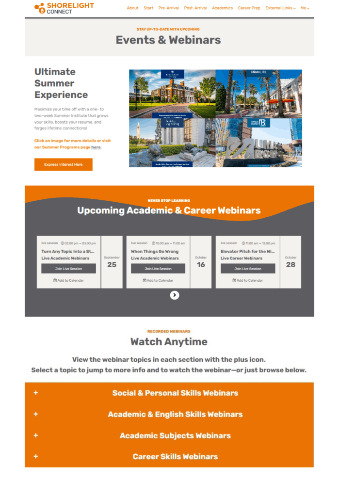 Shorelight Connect Events & Webinars Page (Top)